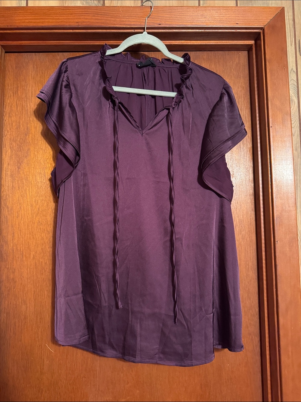 Womens Plum Ruffled Tie-Neck Blouse